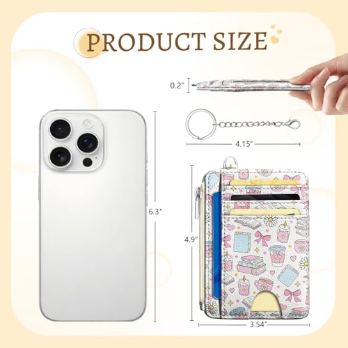 Image of Kelvoris Cute Book Coffee Bow Credit Card Holder Small Wallet Women, Slim RFID Blocking Wallet Woman Keychain with Zipper Coin Pocket, Front Pocket Thin Travel Card Case with ID Window Ladies Gifts