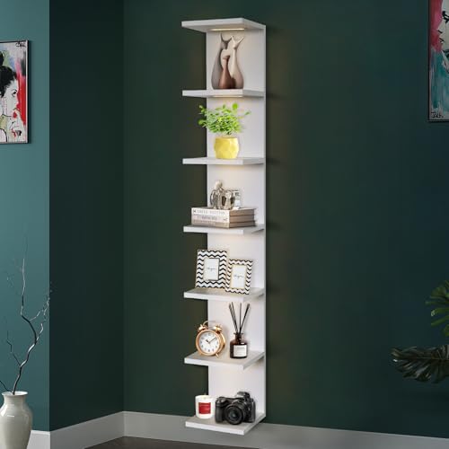 VIWODS 7-Tier Wall Shelf with 3 LED Lighting Modes, Multifunctional Wall Mounted Vertical Display Floating Shelf for Bedroom Living Room Vanity, White