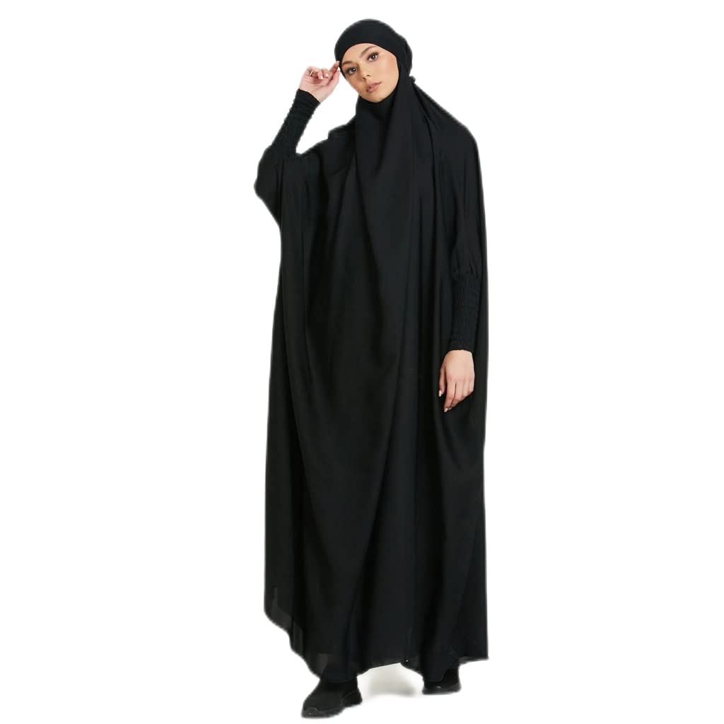BRONG Damen Muslimisches Einteiliges Gebetskleid Abaya Jilbab Frauen Musselin Dubai Türkei Robe Gebet Jilbab Ganzkörper Maxi Kleid mit Hijab Schwarz