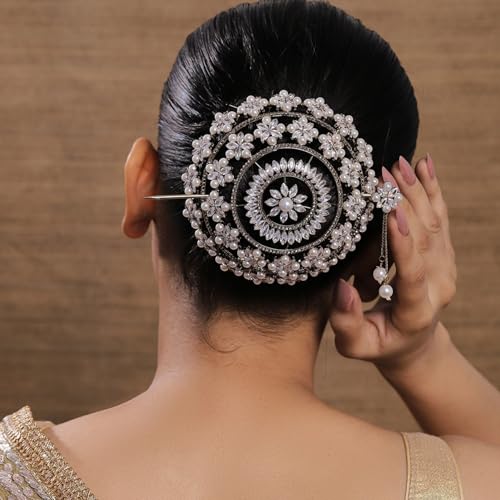 Image of Hair Bun Cage Accessory for Women | Handcrafted Brass Juda Cover with Stick | Anti-Tarnish Traditional Hair Accessory for Wedding & Festive (Sitara Hair Bun (Antique Gold))