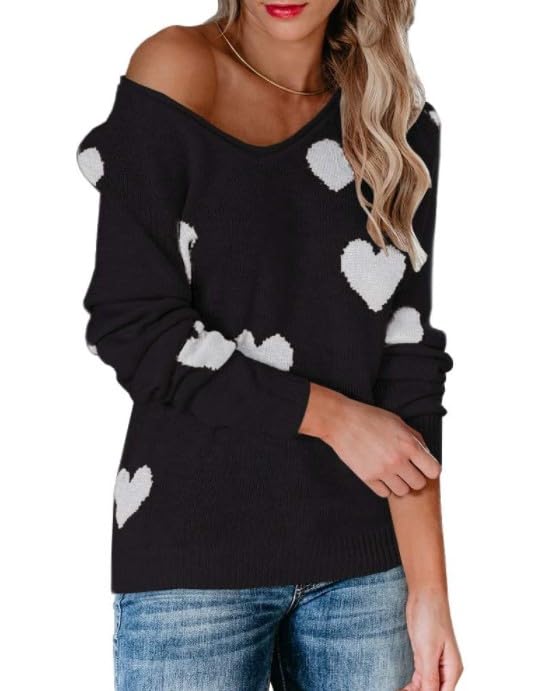 Heart Sweater for Women Love Knitted Top Casual Long Sleeve Sweater Pullover 2025 Black&White-L