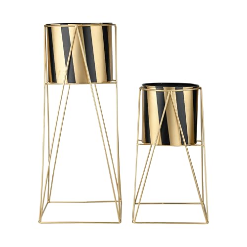 Image of Decent Home Decor Iron Metal Indoor Out Door Bedroom Home Office Planter Pot Tall Stand with Planter for Living Room, Balcony Flower Pot Stand Set of 2 (Black & Gold)