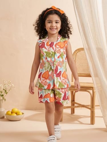 Image of AJ DEZINES Kids Clothing Floral Printed Pure Cotton Top Shorts With Jacket Cord Set for Girls