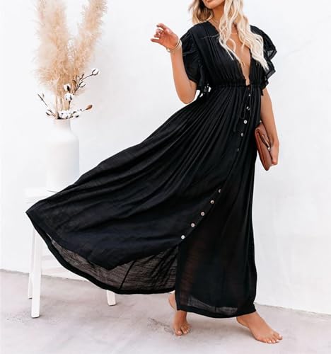 Image of R.Vivimos Maxi Dresses for Women 2026 Summer Short Sleeve V Neck Drawstring Tie Boho Loose Flowy Long Dresses with Pockets