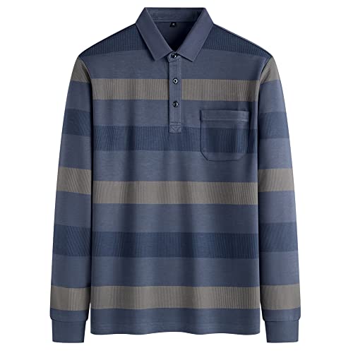 Mens Casual Chest Pocket Striped Slim Fit Long Sleeve Collared T Shirt Polo Shirts4