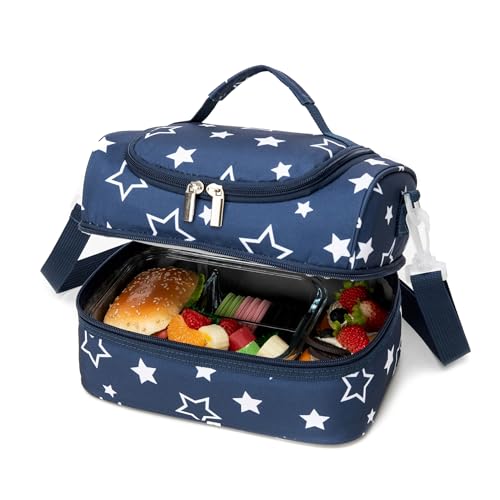 Image of Insulated Kids Dual Compartment Lunch Bags Tote Pack for Girls Boys Toddler Kindergarten School Picnic Cooler Thermal Lunch Boxes with Strap Blue Star