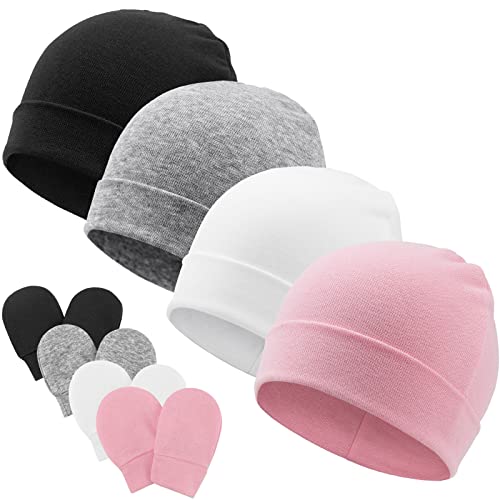 DRESHOW Bonnets de Naissance et Moufles de Protection Bébé Gants Bonnet Nouveau-né Bambin Doux Mignon Tricoté Chapeau 0-6 Mois, Taille unique, 4 Sets F03: cotton hats & mittens