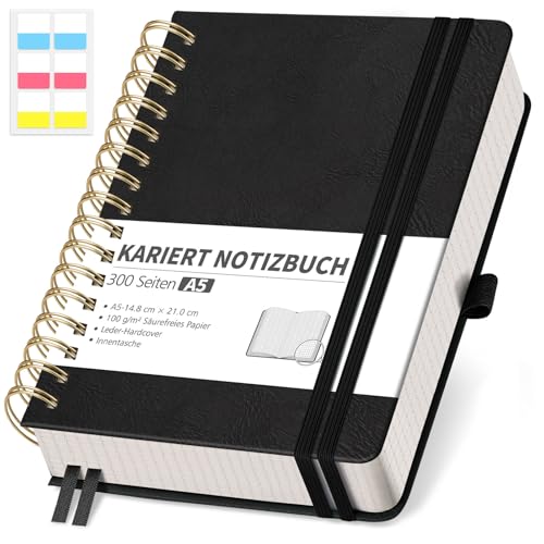 RETTACY Notizbuch A5 kariert, Bullet Journal mit 100 g/m² Dickem Papier, 150 Blatt, Collegeblock für Büro und Schule, Lederhülle, Schwarz, 14.8 cm x 21 cm