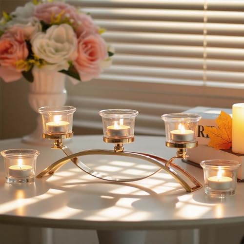Gold 3-Arm Metal Tea Light Candle Holder Set with 5 Glass Cups, Votive Candle Holders Centerpiece Candelabra for Wedding Table Decor, Home Gatherings and Holidays - Image 6