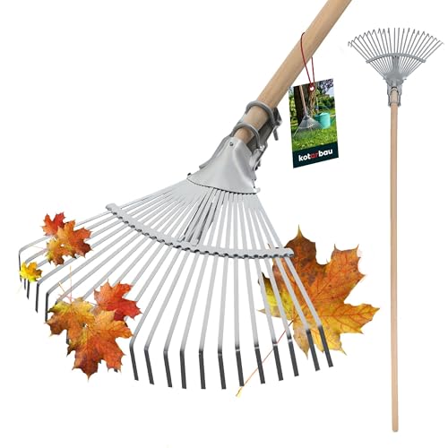 KOTARBAU® Rastrello Giardino - Rastrello per Foglie - Acciaio - Argento - Regolabile 28 cm - 40,5 cm - con Manico in Legno - Robusto Rastrelli - per Giardino e Prato