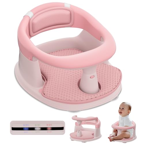 Image of Baby Bath Seat-for Babies 6 Months & up with Temperature Alert+Soft Cushion+Suction, Toddler Bath Seat for Baby, Sitting Up with Baby Bathtub Seat, Pink