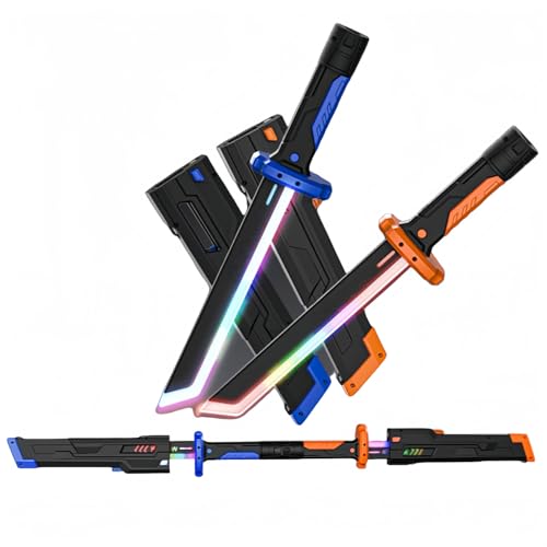 FYDN 光る武士刀 武器 発光 模造刀 ロールプレイ小道具 光るおもちゃ剣 マルチカラーライト スパーク機能 リアルな戦闘 男の子へのギフト 写真撮影 ディスプレイ 文化祭 学校のお祝い クリスマスやパーティー用品に適しています (ブルー+オレンジ色)