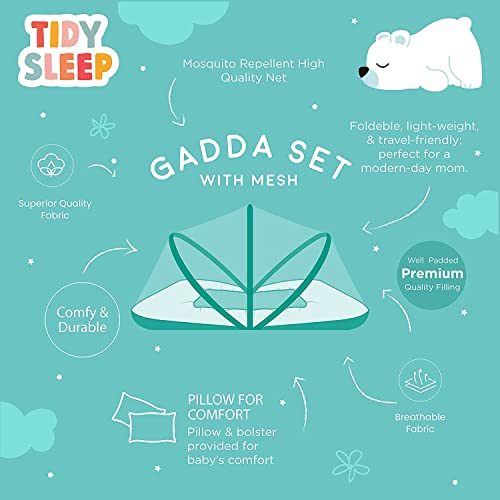 Image of TIDY SLEEP Baby Bed with Mosquito Net & Neck Pillow, Baby Gadda Set for New Born, 0M+, Printed Baby Gadda, Baby Sleeping Bed of 90cm x 65cm x 10cm(Bunny)