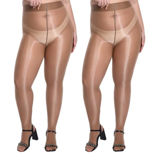 MANZI Women's Plus Size Shimmer Glossy Sheer Tights Seamless Shiny Silk reflections Pantyhose Oil Pearlescent Stockings