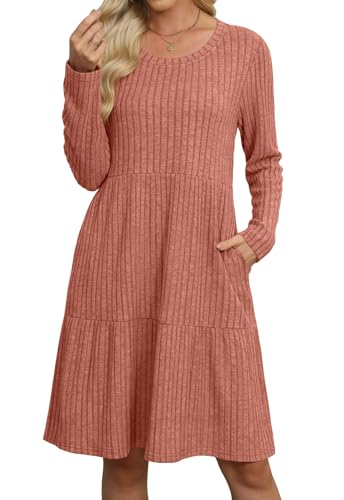 AYIFU Women's Long Sleeve Sweater Dress Crew Neck Empire Waist Tunic Dress Casual Winter Fall Dress with Pockets (Caramel, XL)