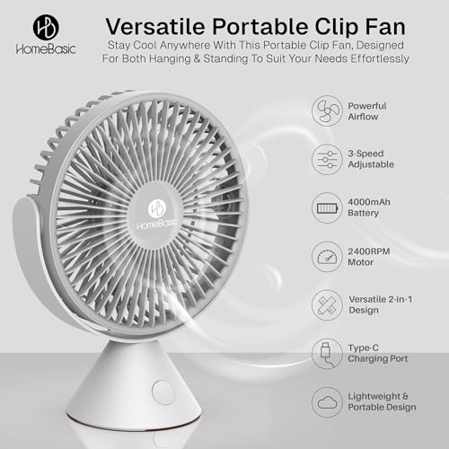 Image of HOMEBASIC Mini Table Fan for Home & Office| Portable handheld Desk Fan with 3 Adjustable Speed, 360 Rotation, Type C Rechargeable, 2400 RPM Motor| 7 Inches Quiet Cooling Fan for Travel (Grey & White)