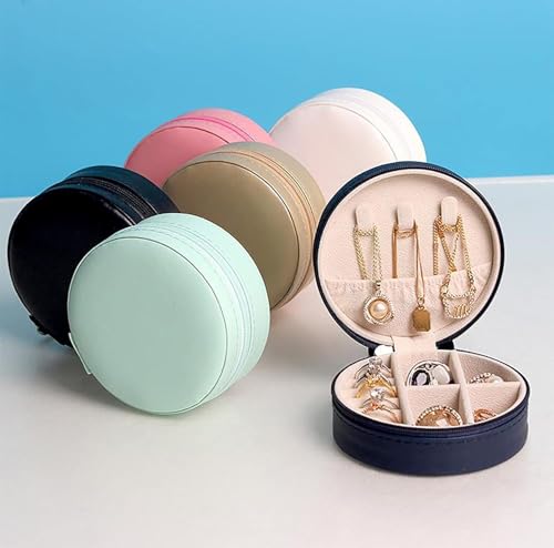 Image of Mini Jewellery Travel Case, PU Leather Organizer Box, Small Portable Jewellery Storage Holder for Womens Rings Earrings Necklaces - PU JEWELRY BOX (round pu box green)