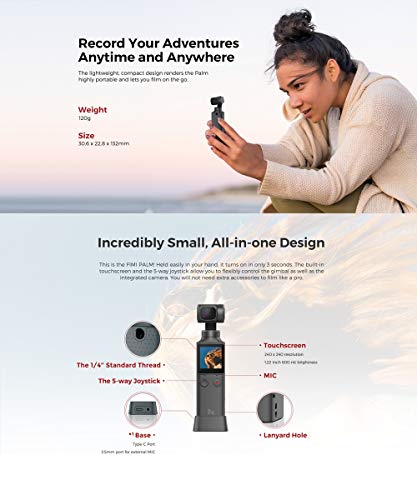 image for FIMI Palm Handheld 3 Axis Gimbal Stabilizer with Integrated Camera, At