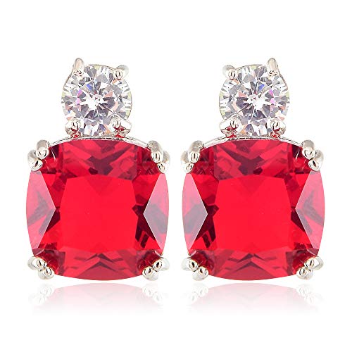 [RIZILIA CLÁSICA] Stud Pendientes Piercing Aretes con Corte de Cojín Piedras Preciosas Circonita CZ [Rubí Rojo] en 18K Chapado en oro blanco, Elegancia Moderna Sencillo