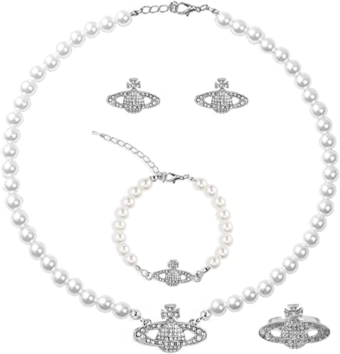 SFE 4PCS Artificial Pearl Choker Necklace Bracelet Earring Ring Jewelry Set for Women Pearls Accessories Wedding Pearl Jewelry Set for Brides