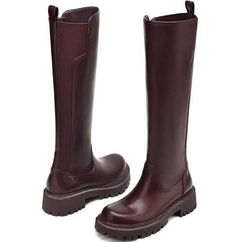 Image of TEAIEU Knee High Boots for Women, Platform Chunky Block Low Heel Tall Boots, Round Toe Side Zipper Fall Long Boots for Dress, Stretch Calf, Comfortable