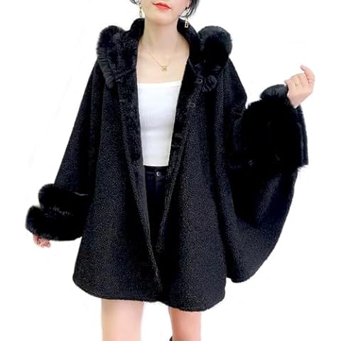 Gragengs Hooded Cloak with Pocket Faux Rabbit Fur Cape Coat Cardigan Poncho for Women Winter,S/Black Cover