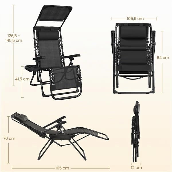 Yaheetech Sdraio da Spiaggia Pieghevole con Parasole, Cuscino Poggiatesta Removibile, Portabicchieri, Sdraio da Giardino con Schienale Regolabile, Spiaggia, Lettino da Sole (1, Nero)