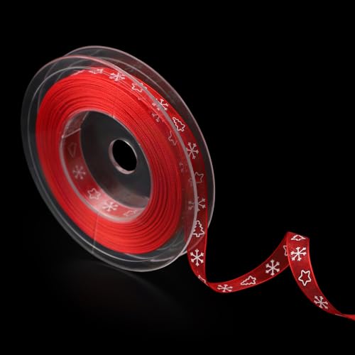 Cinta navideña, Cinta de Copo de Nieve de 20 m x 1 cm Cinta de Satén Feliz Navidad Cinta con Cable para Manualidades Envoltura de Regalos Decoración Navideña(Rojo)