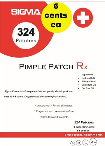 Acne Patch | Jumbo Pack 324 | Hydrocolloid Pimple Patches | 6 cents ea | Advanced Formula w/Salicylic Acid, Calendula and Tree Oil | Acne Treatment for Face | 81 S M L & XL Easy peel perforated sheets