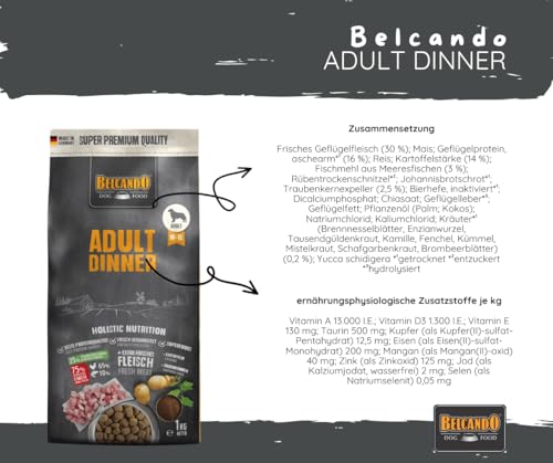 Belcando Adult Dinner - 3x1kg Trockenfutter Bundle für ausgewachsene Hunde – Mit Geflügel, Reis & Traubenkernmehl – Ideal für Hunde mit normaler Aktivität – Hoher Fleischanteil – Made in Germany