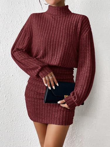 Image of Women's Pullover Sweater Dress Long Lantern Sleeve Turtle Neck Cute Ribbed Knit Bodycon Mini Short Dress 2024 Fall-Red-M