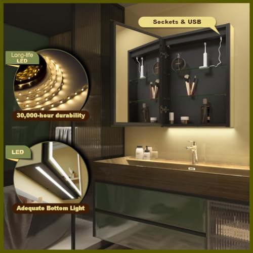 Miniatura 6 de Ganpe Gabinete De Espejo De Baño De Iluminación Led, Con Enchufe Y Usb, Gabinete De Aluminio A Prueba De Niebla Y Ajuste De Color, Antioxidante Y Fácil De Instalar 50 X 70 Cm