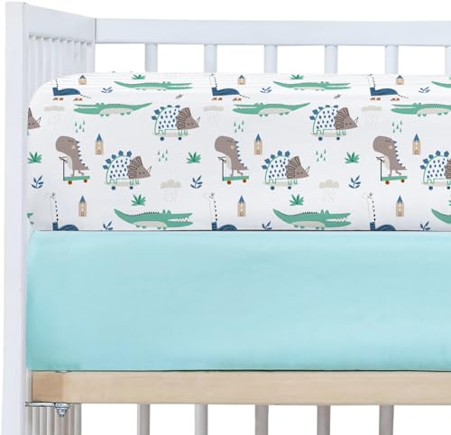 Image of Little Grape Land Crib Sheets for Girls and Boys, 2pk Baby Crib Fitted Sheet for Standard Size Crib and Toddler Mattress, Super Soft Baby Sheet (Wild Dinosaur & Aqua)
