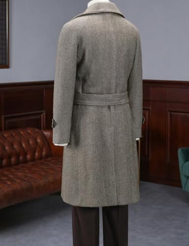 ONAXTDA Men's Herringbone Heavyweight Tweed Overcoat with Belt Double Breasted Knee-Length Pea Coat2
