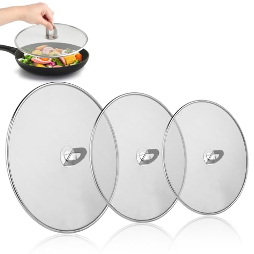 KUOFANY 3 Piezas Protector Pantalla antisalpicaduras de Acero Inoxidable, Tapa Antisalpicaduras Cocina, Tapa Sarten Antisalpicaduras con Mango Plegable-33cm 29cm 25cm