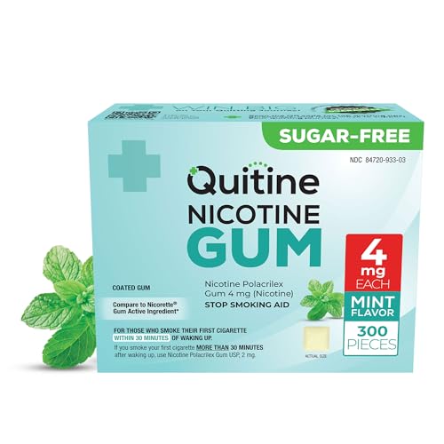 Quitine Nicotine Gum 4mg, Mint Flavor, Stop Smoking Aid – Affordable NRT to Relieve Cravings | Quick-Burst Flavor That Fades Within 1 Minute, 300 Count, Classic Gum to Support Your Quit Journey