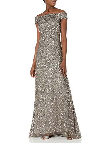 Adrianna Papell Women's Off The Shoulder Beaded Long Gown, Lead, 6