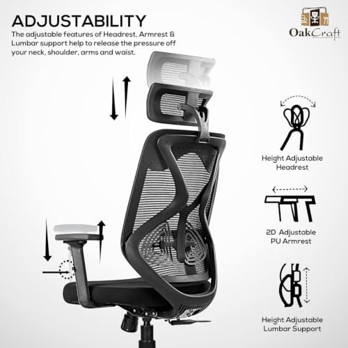 Image of Oakcraft Cyclone Ergonomic Office Chair with Multi-Lock Tilt, Seat Slider, Dynamic Lumbar Support, 4D Adjustable Armrests, 2D Headrest, Breathable Mesh High. (Black, Hurricane)