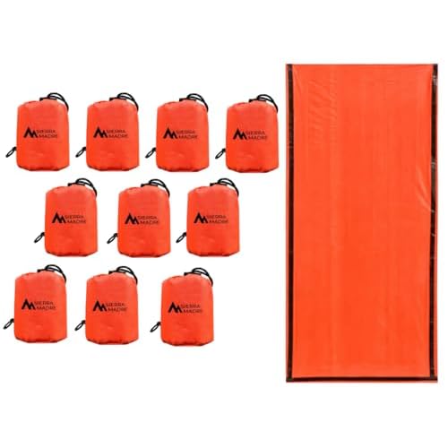 Sierra Madre Emergency Sleeping Bag – Ultralight, Waterproof Mylar Thermal Bivy Sack Tent for Hiking, Bug-Out Bags, Survival Kits – Emergency Survival Space Blanket for Heat Retention 10 Pack