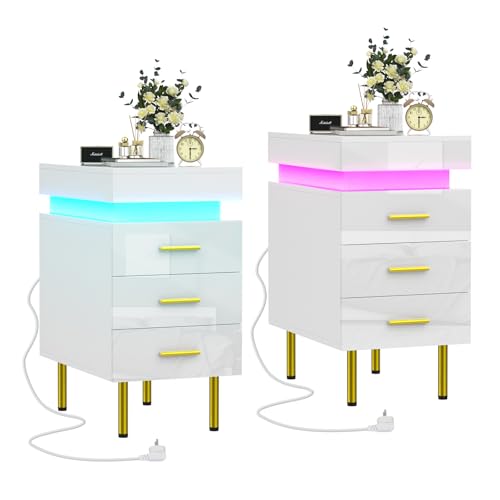 Mesitas de Noche Blancas Pack 2, Mesita de Noche con Estación de Carga, 3 cajones y 16 Colores LED, Mesa de Noche Dormitorio, Adecuada para Cualquier Cama y Dormitorio