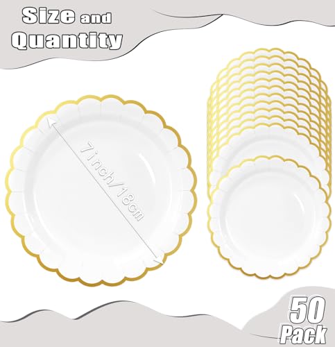 Image of HEIPINIUYE 50 Pieces White Paper Plates with Gold Foil 7 Inch Disposable White Scalloped Dinner Plates for Wedding Baby Shower Birthday Party Dessert Plate