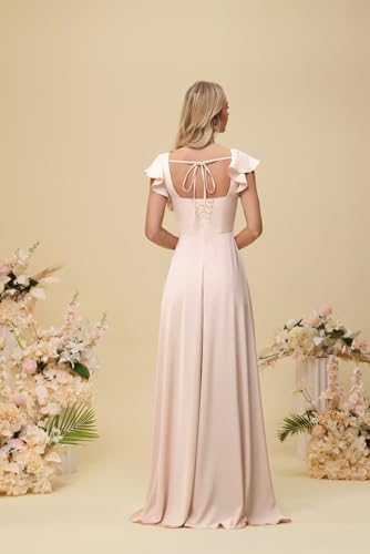 Satin Bridesmaid Dresses for Wedding Ruffle Sleeve A Line Long Formal Evening Party Dress for Women2