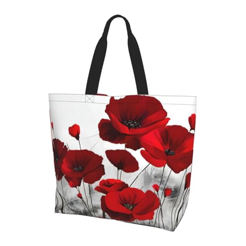 KAPPTYY Sac à bandoulière pour femme avec imprimé coquelicot rouge - Grand sac fourre-tout réutilisable tendance pour voyage shopping
