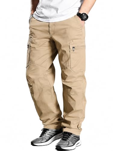 Image of Men's Pure Cotton Cargo Pants | Regular Fit Multi-Pocket Utility Trousers for Men | Solid Cargo Bottom Wear with Zip Pockets | Comfortable Casual Outdoor Wear