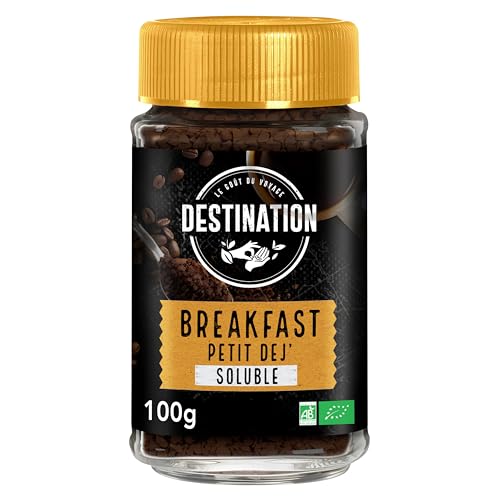 Destination - Café Soluble Desayuno BIO - Café Soluble Granulado y Liofilizado de Tueste Natural - Procedente de Cultivo Ecológico - Sabor Potente y Generoso - Propiedades Energizantes - 100 g