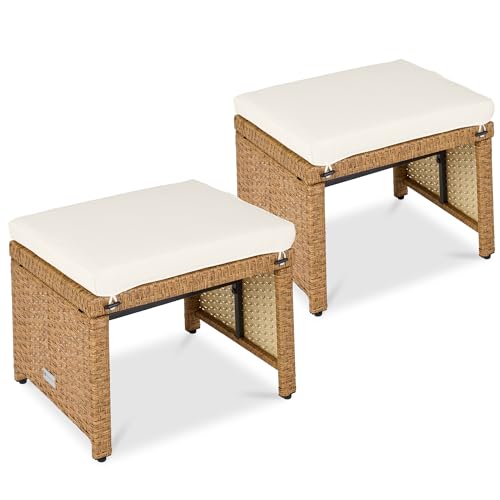 Best Choice Products Set of 2 Wicker Ottomans, Multipurpose Outdoor Furniture for Patio, Backyard, Additional Seating, Footrest, Side Table w/Removable Cushions, Steel Frame - Ivory/Natural