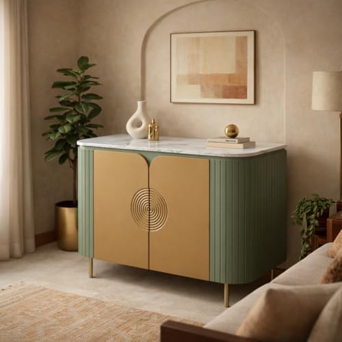 Image of Solid Wood Mandala Sideboard Cabinet with Sintered Stone Top for Living Room | 119.8 x 39.8 x 85 cm | Olive Green and Premium Acrylic Terracotta Brown Finish