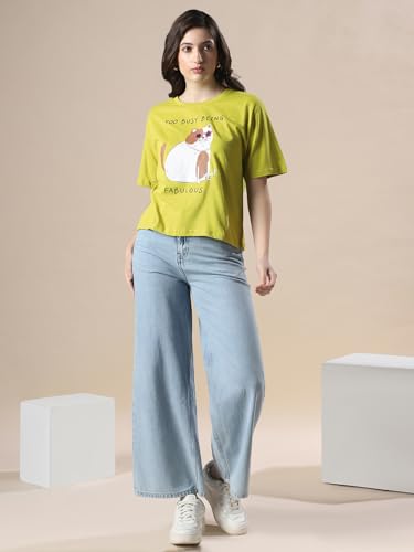 Image of Globus Women Green Printed Oversized T-Shirt-3638147001