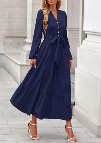 PRETTYGARDEN Fall Dresses for Women 2025 Long Sleeve V Neck Belted Ruffle A Line Flowy Boho Maxi Wedding Guest Dress Pockets3