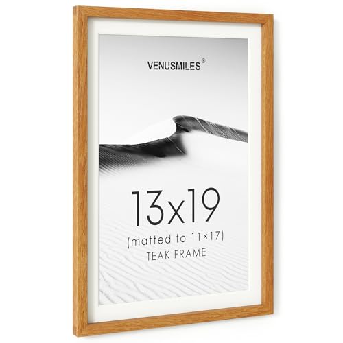 Image of 13x19 Picture Frame, USA-Sourced Natural Teak Wood Photo Collage Frame with HD Tempered Glass, Modern Simple 13x19 Wooden Frame Matted to 11x17, Vertical & Horizontal Wall Hanging Display